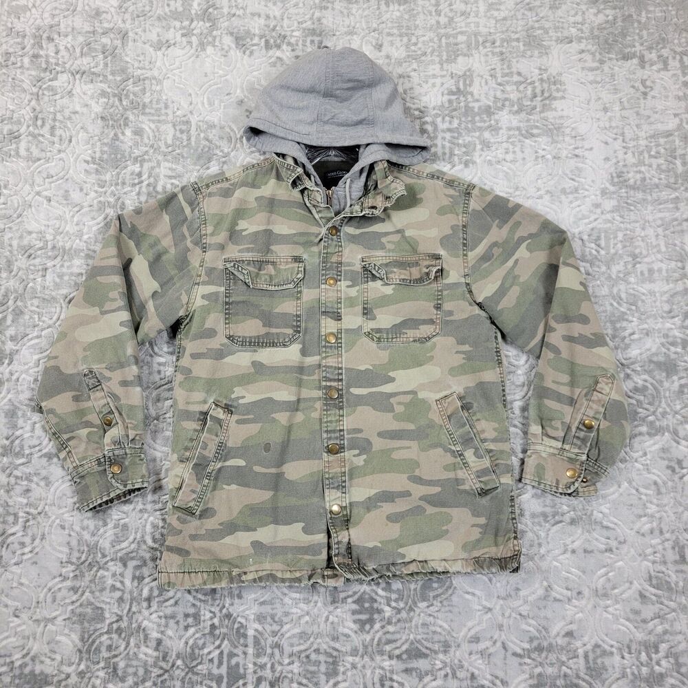 Faded Glory Camo Jacket Mens Small Green Camouflage Hooded Hunt Field Distressed